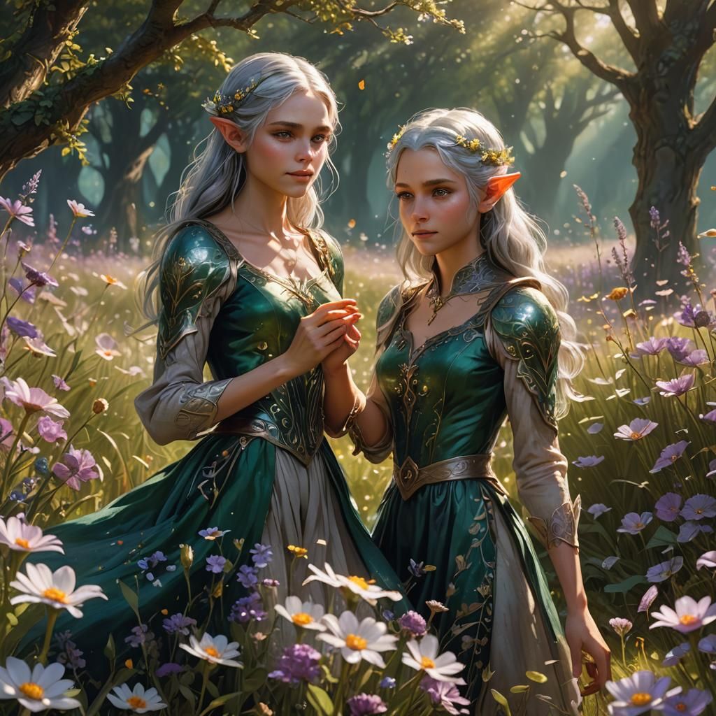 Elf Picking Flowers in Sunlit Meadow