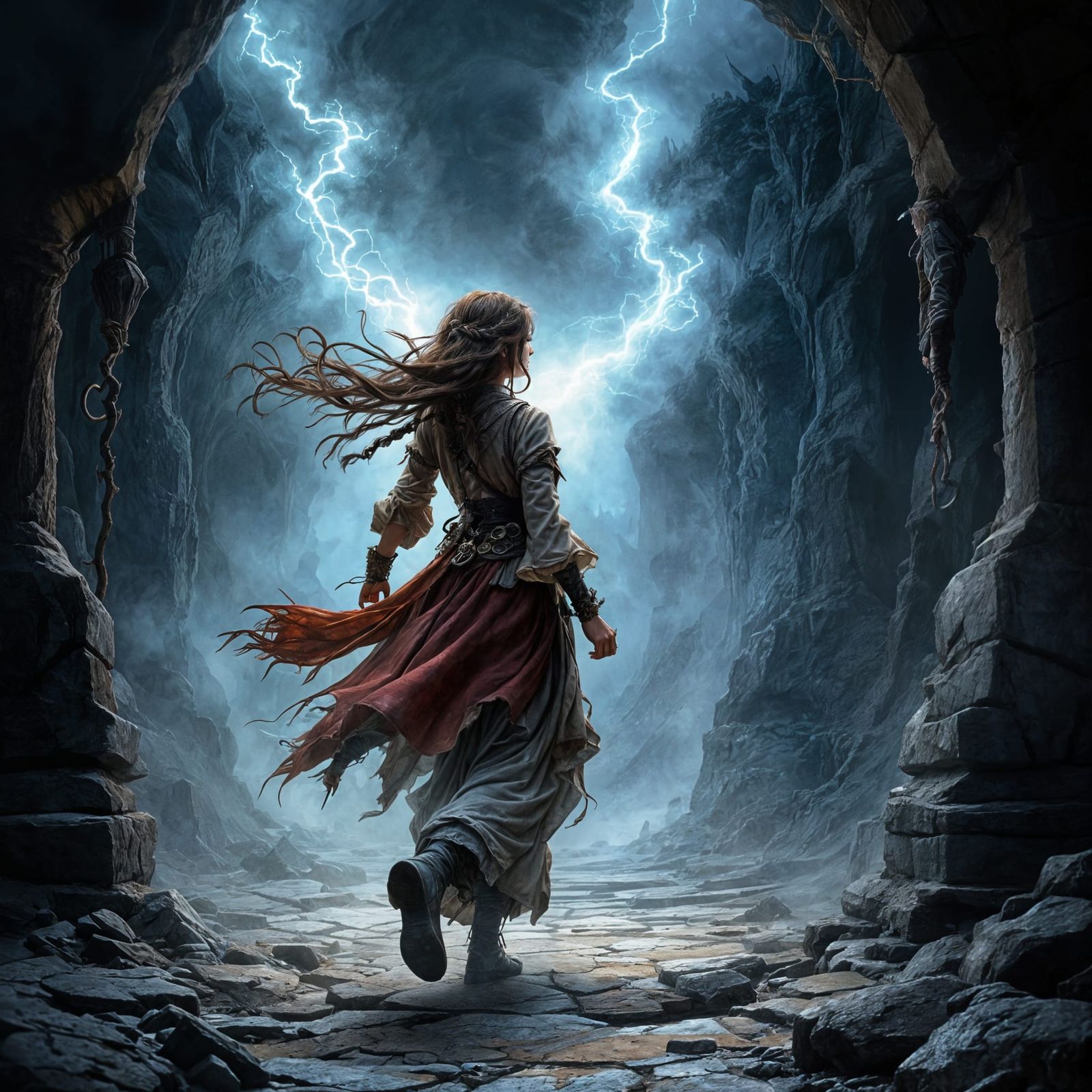 Dark Fantasy Wizardess Navigates Sinister Temple