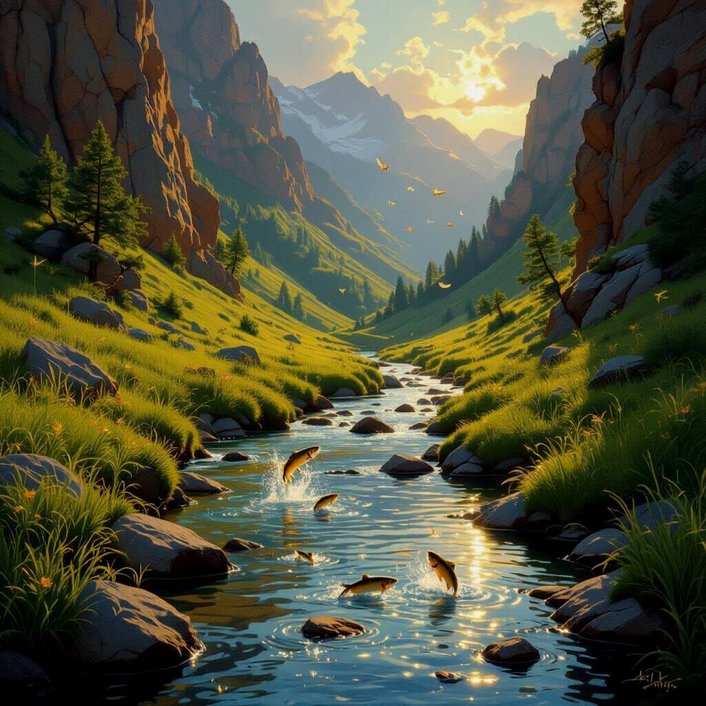 Serene River Valley with Mayflies and Trout