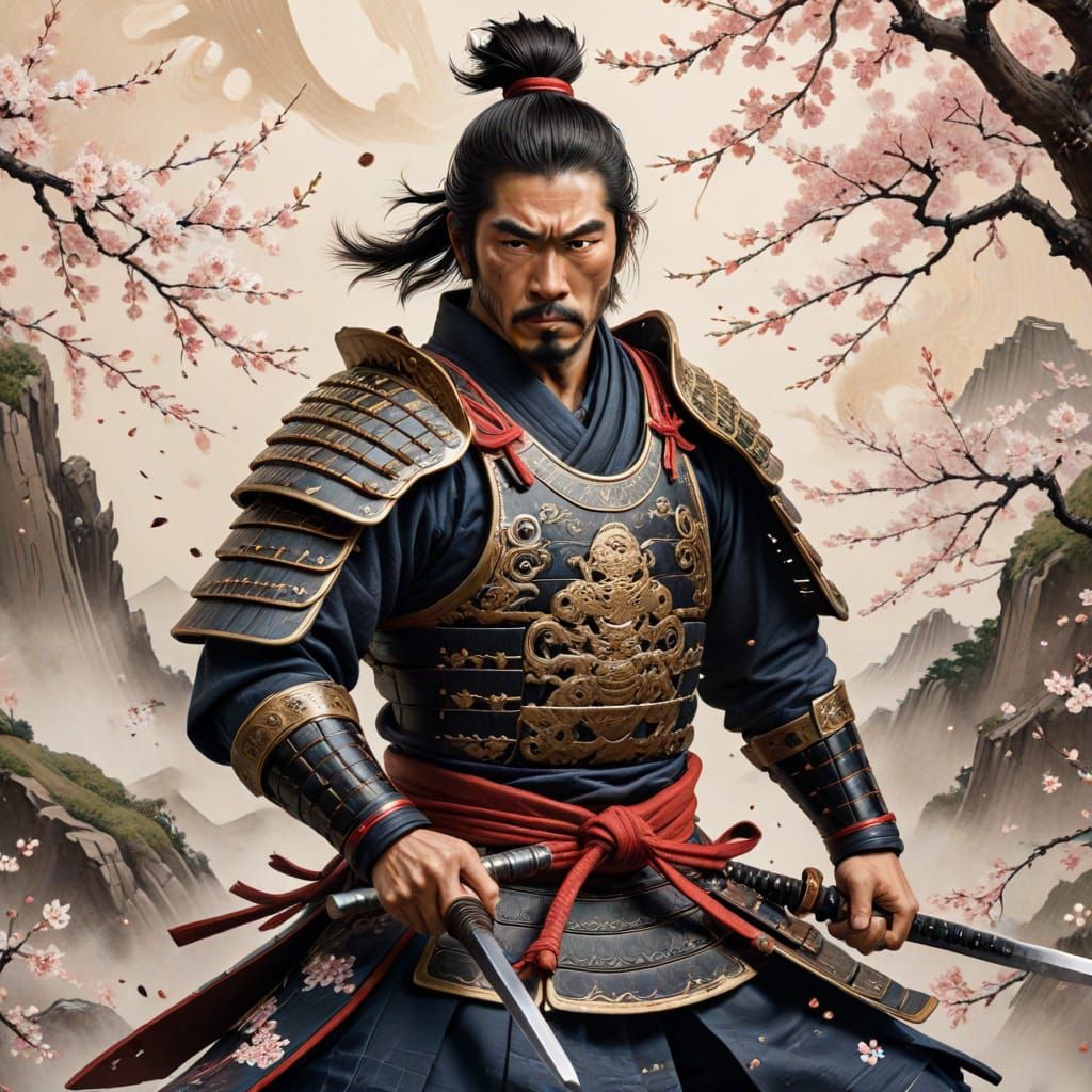 Dramatic Samurai Portrait in Traditional Woodcut Style