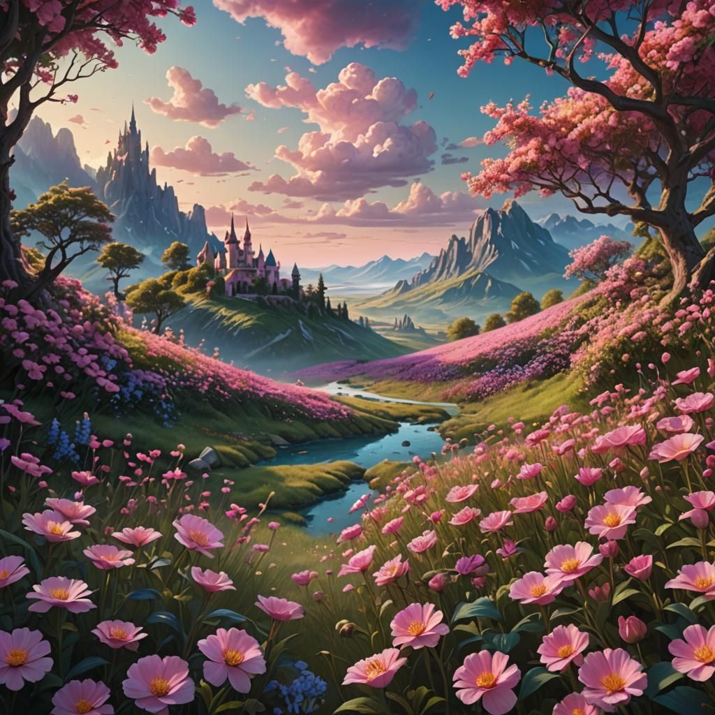 Dreamlike Landscape Filled with Pink Flowers