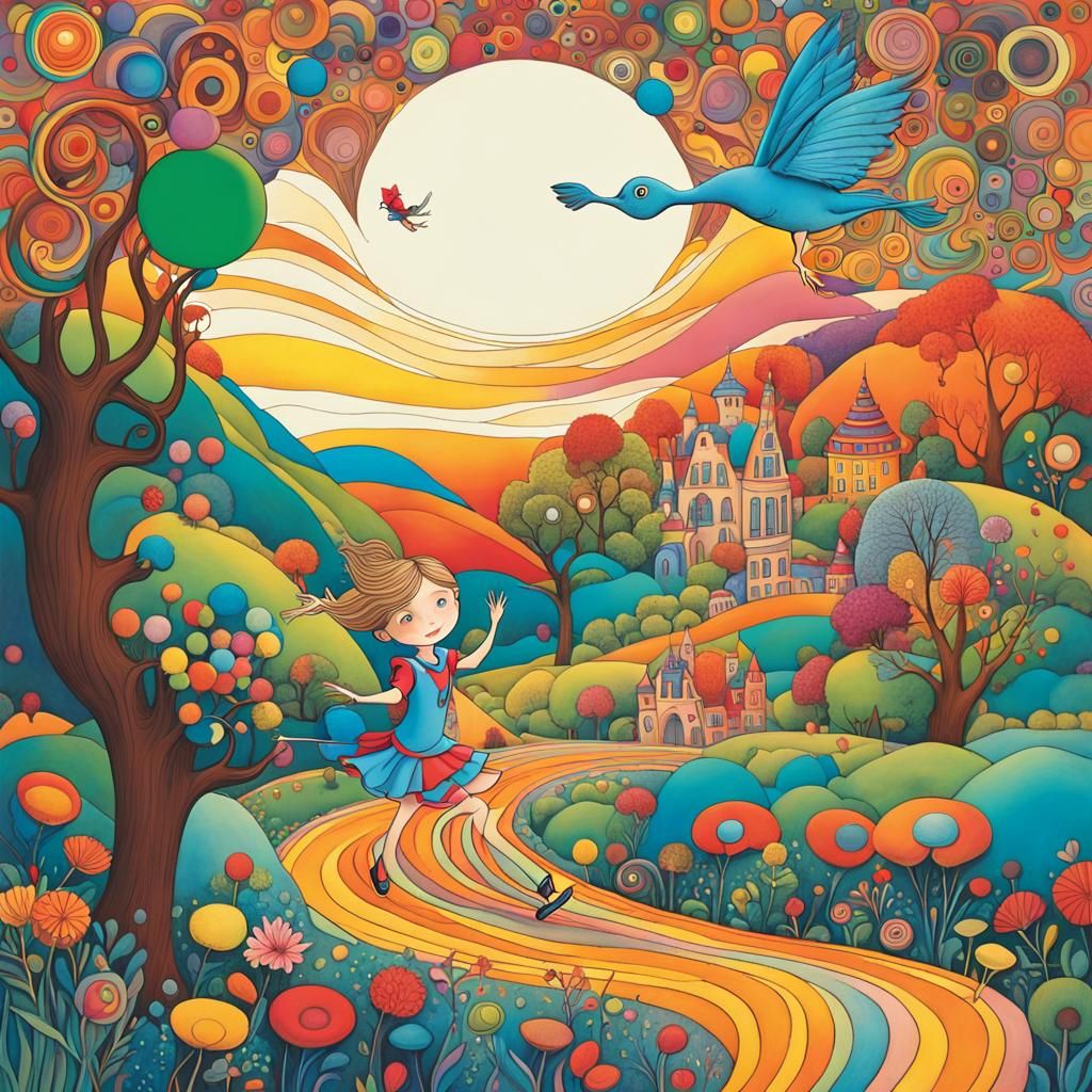 Enchanted Girl Running in Fairytale Landscape Illustration