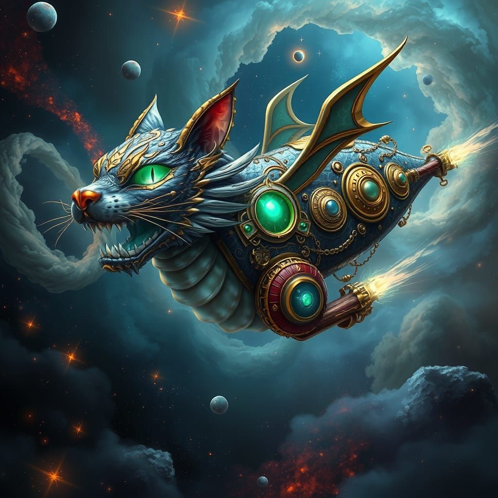 Steampunk Cat Dragon Airship Soaring Through Nebula