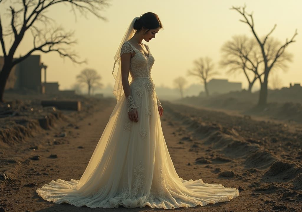 Sorrowful Bride in War-Torn Landscape, Pre-Raphaelite Style