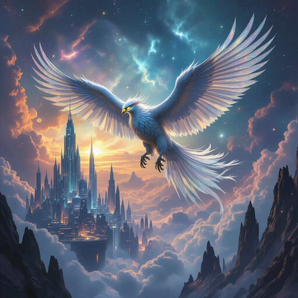 Griffin Over Crystalline City in Cosmic Nebula Sky