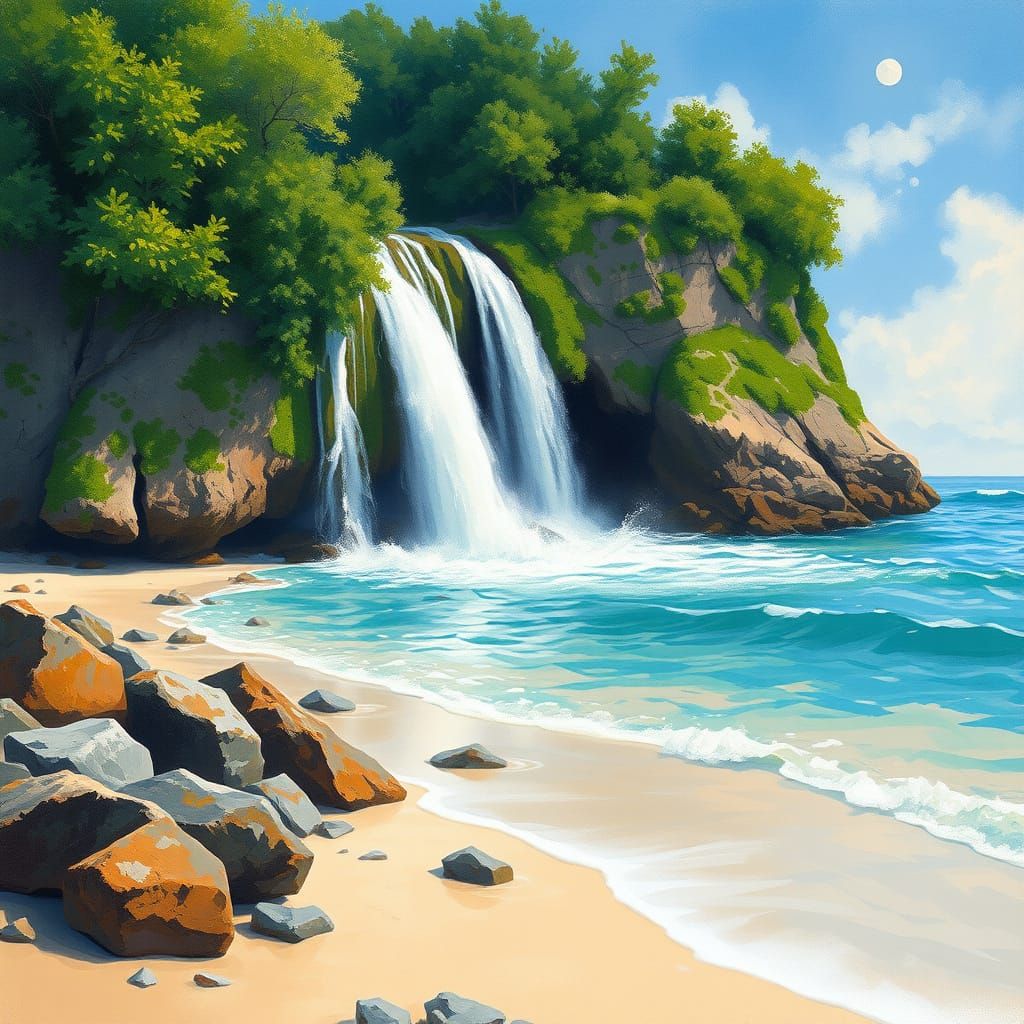 Beach Waterfall in Impressionistic Style