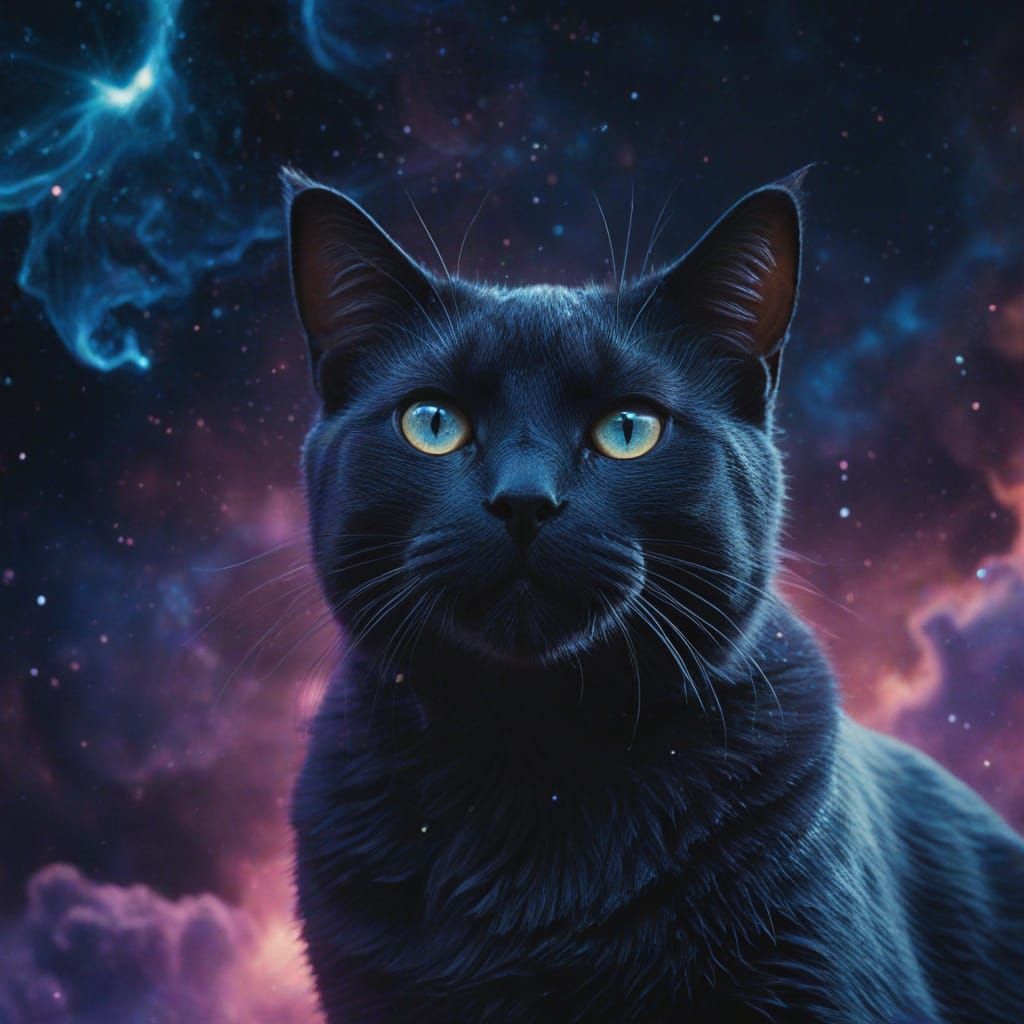 Cosmic Blue Cat with Fierce Glance in Deep Space