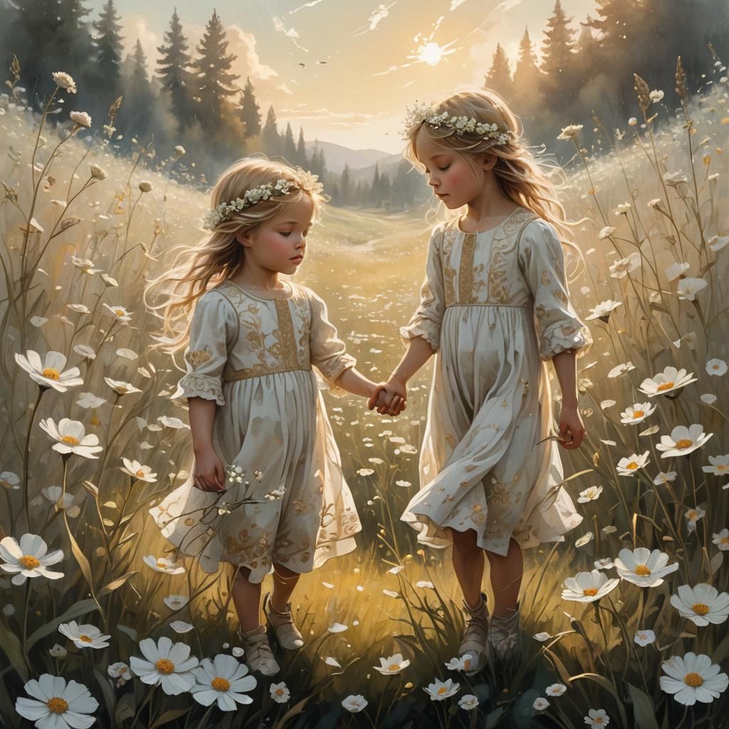 Toddler Siblings in Wildflower Meadow, Whimsical Illustratio...