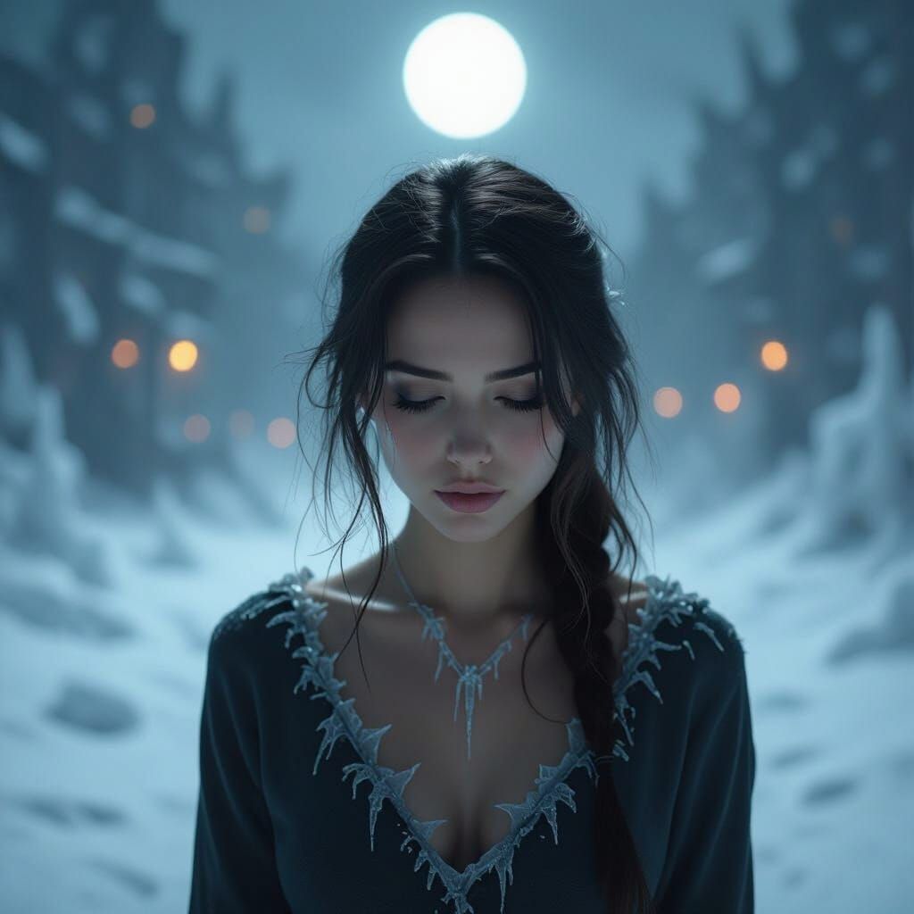 Eerie Woman in Darkness with Crystalline Skin