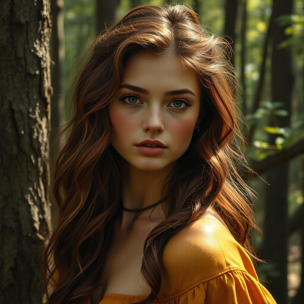 Fiery Goddess in Woods as Oil Painting