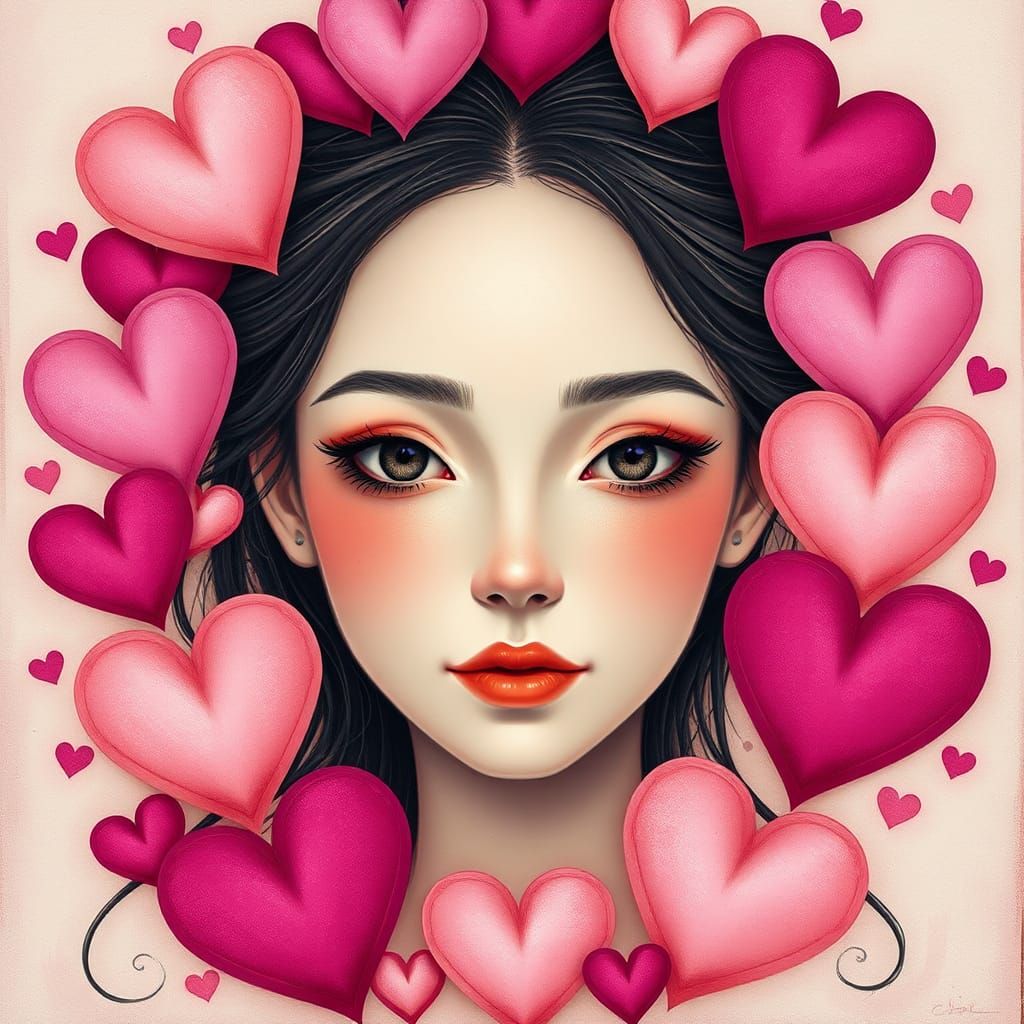 a beautiful female face with delicate features, hearts in a ...