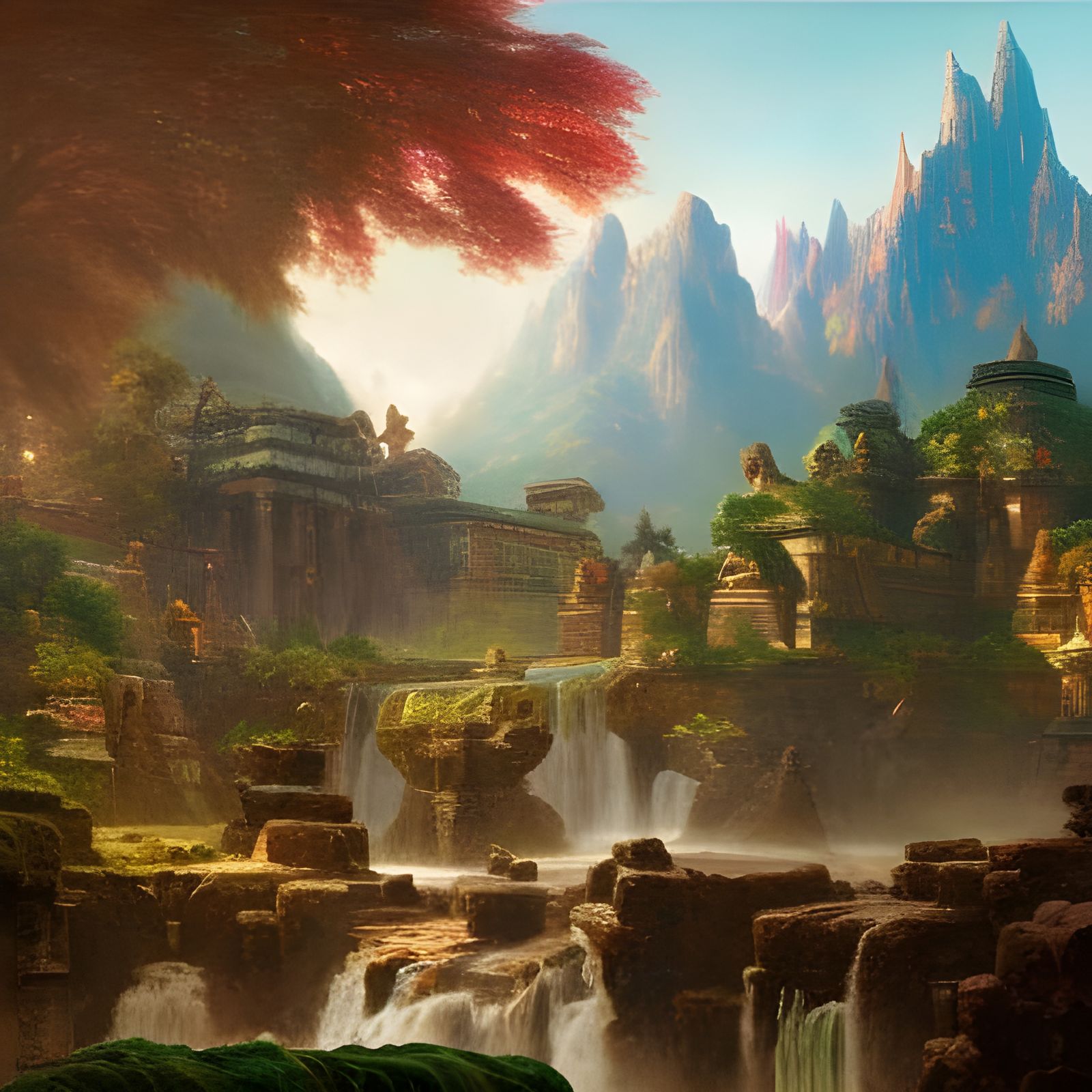 Aztec Temple in Mountain Landscape: Fantasy Painting