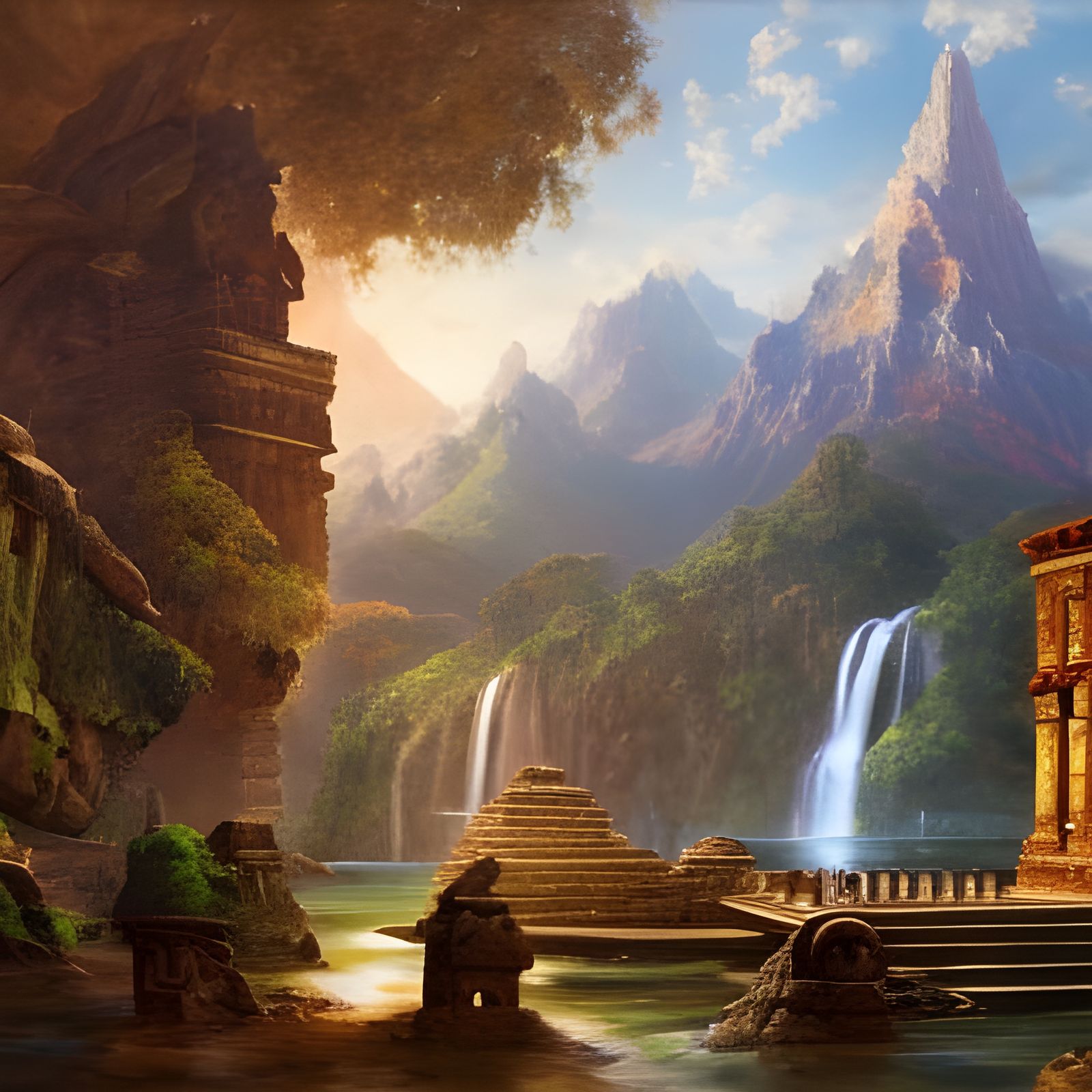 Aztec Temple in Alpine Landscape: Fantastical Painting