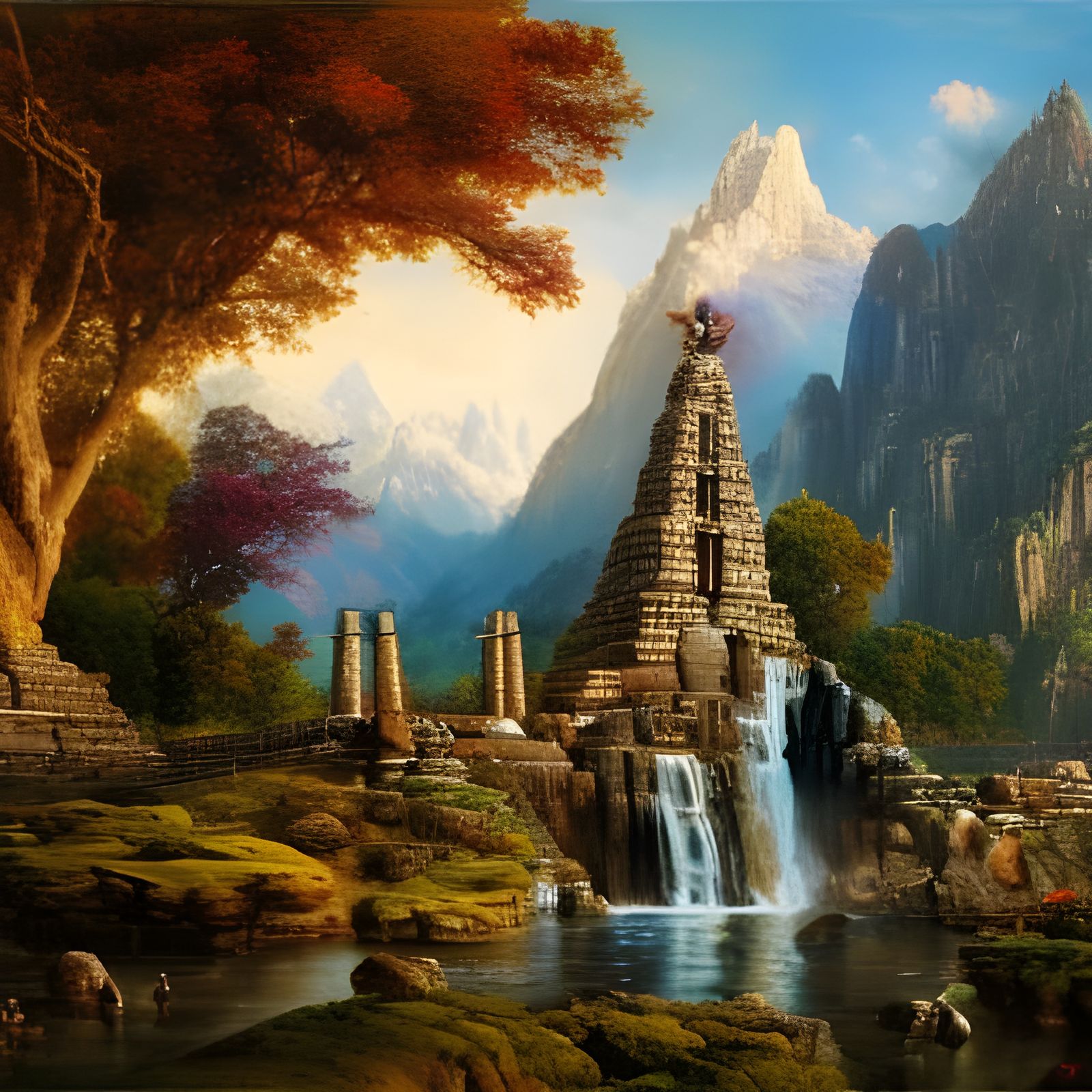 Aztec Temple in the Alps: A Fantastical Painting