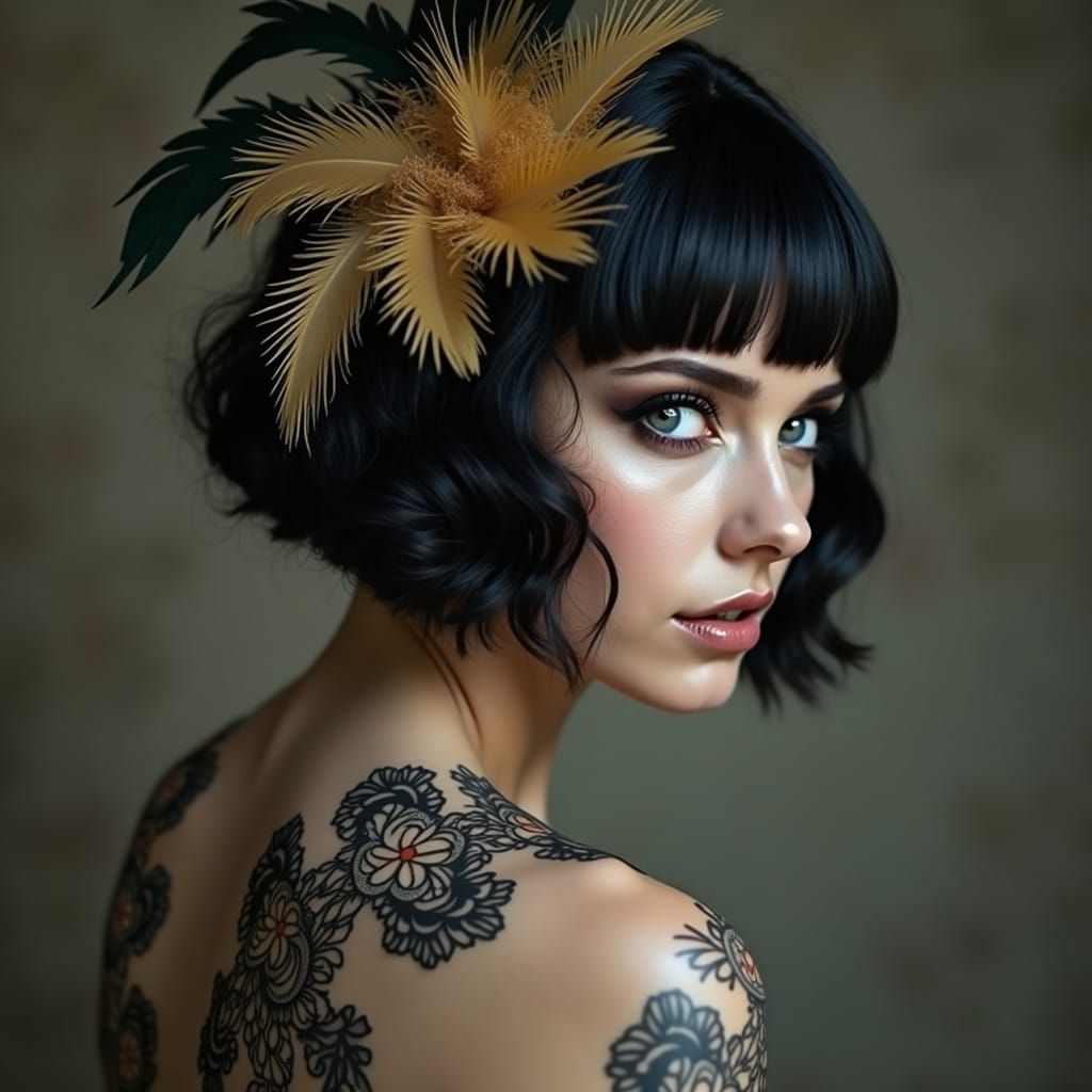Exotic Bohemian Beauty with Lacy Tattoo and Feather Fascinat...