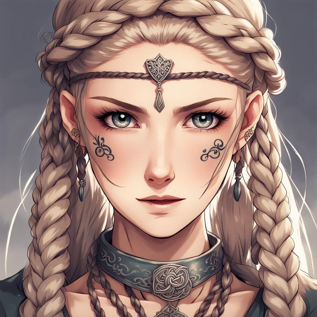 Anime Viking Woman with Braids and Tattoos