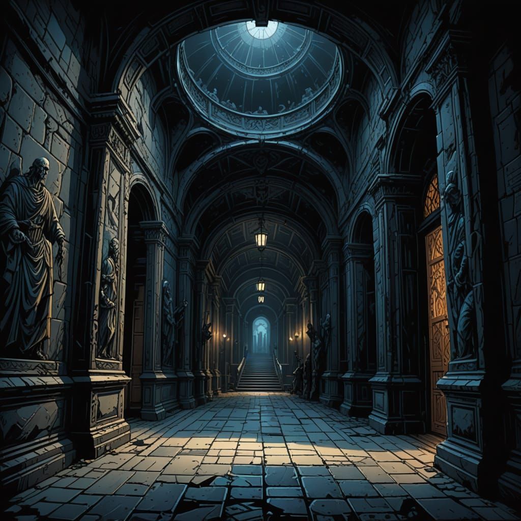 Hallway with Renaissance Paintings in Dark Comic Style