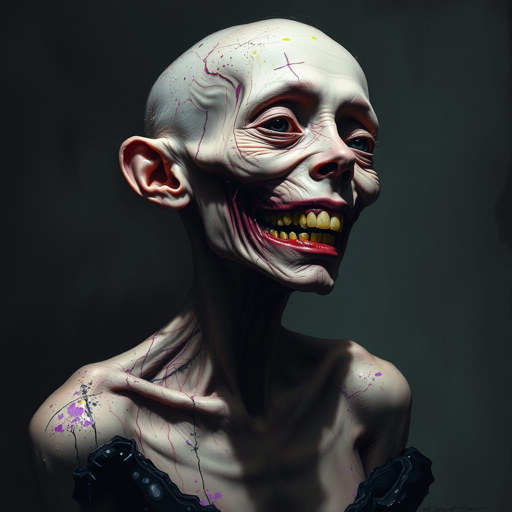 Ethereal, Emaciated Figure in Expressionist, Neon-Infused Po...