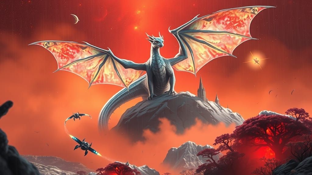 Cosmic Colossus in Crimson Landscape