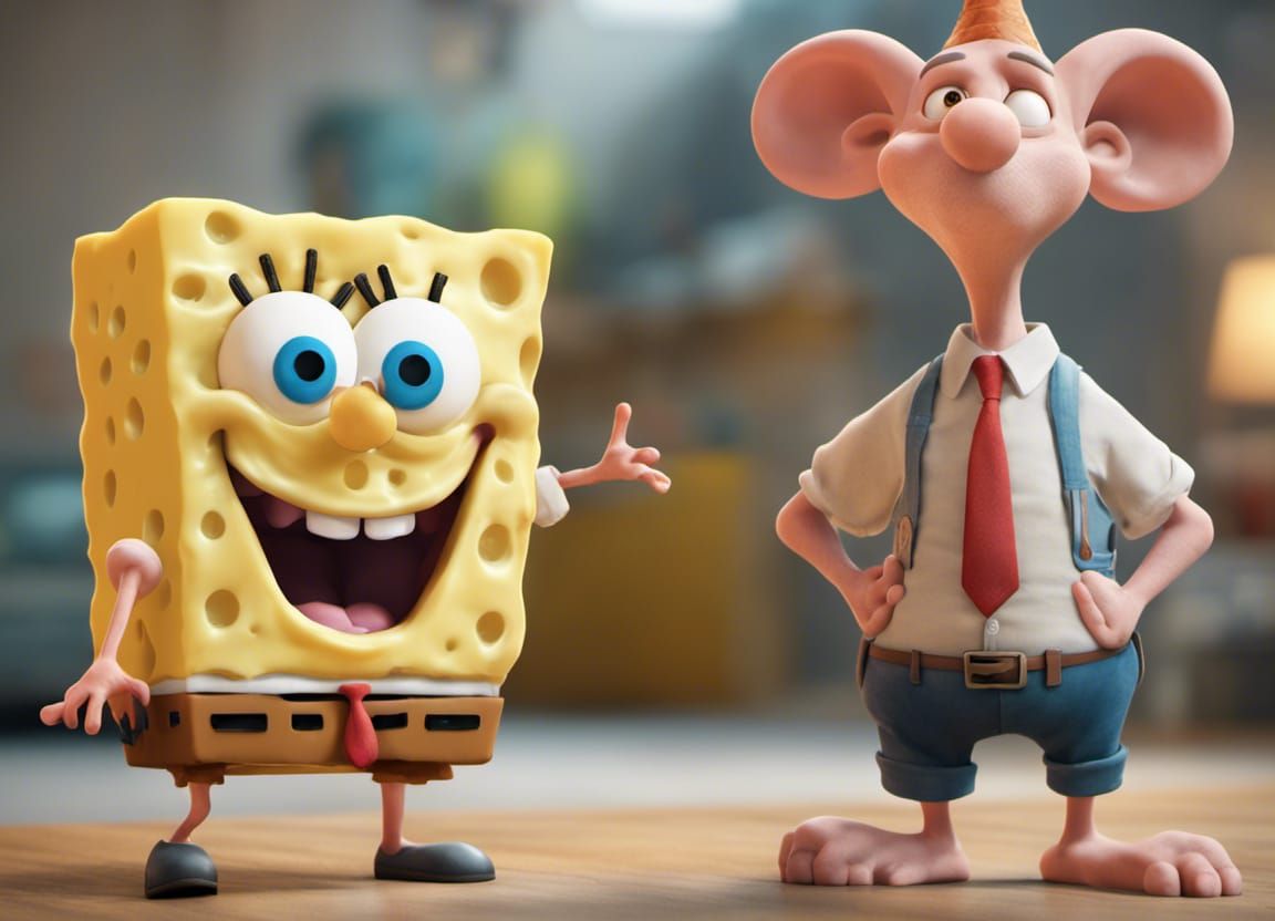 An amusing character similar to SpongeBob SquarePants made entirely of cheese;   holding a terrified mouse; created by M...