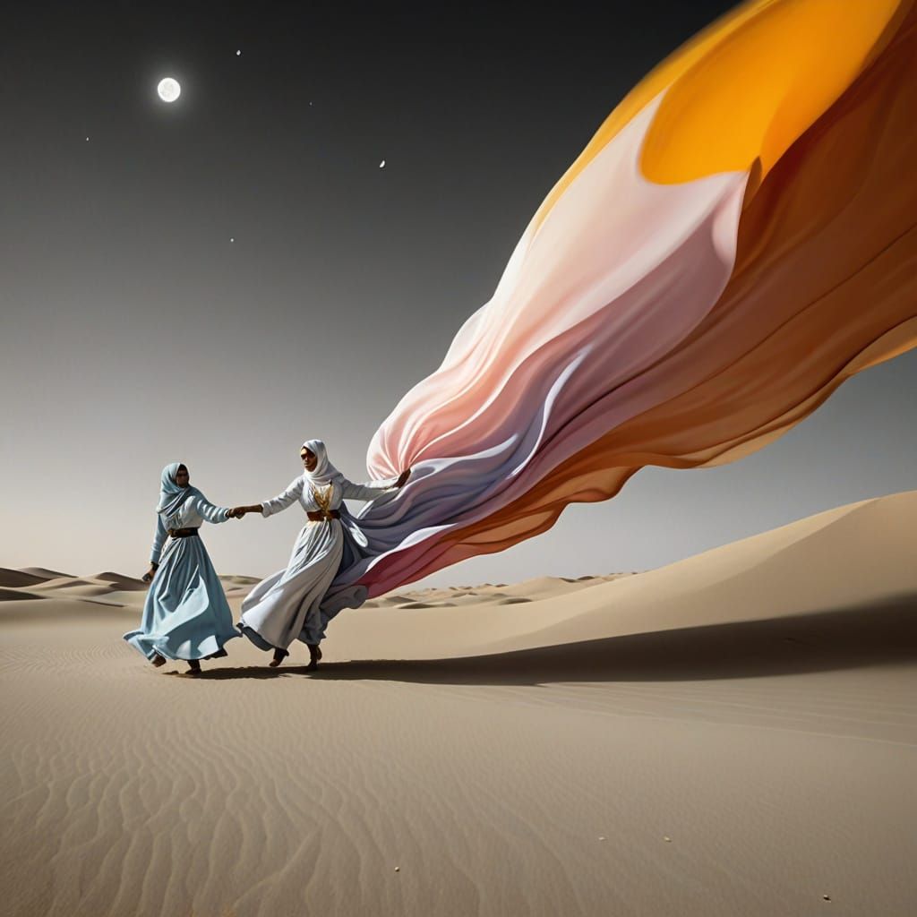 Joyful Arabic Woman Dancing in Desert Oil Painting