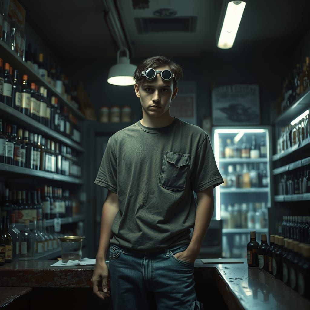 Melancholic Liquor Store Clerk Amidst Despair