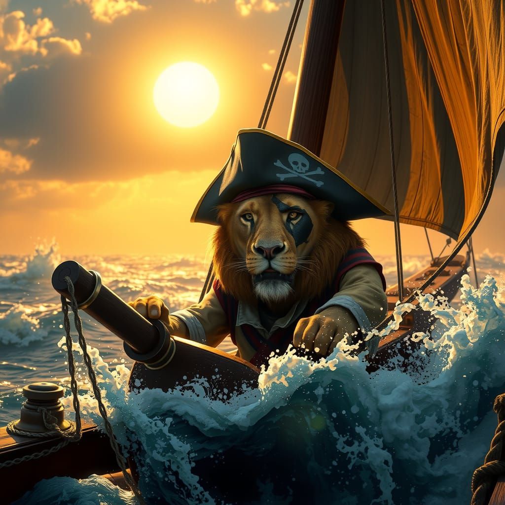 Lion Pirate Sailing a Ship on Stormy Seas