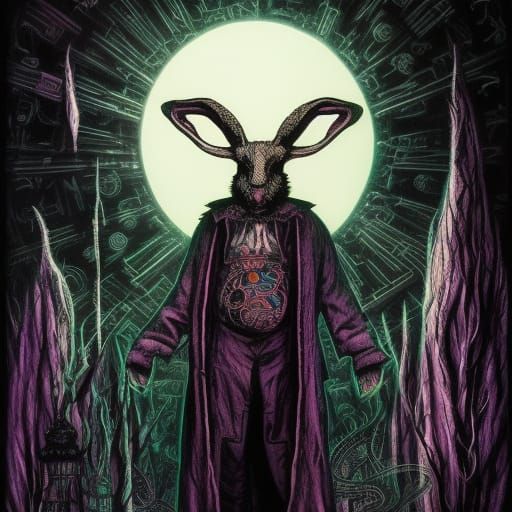 White Rabbit and Moon Matrix in Gothic Horror Style