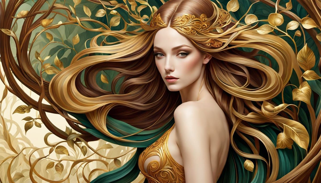 Art Nouveau Dryad Emerges from Ancient Tree