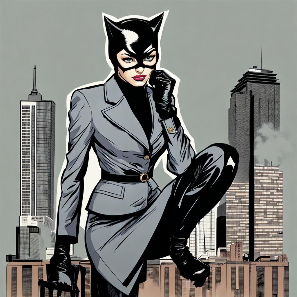 Catwoman in Grey Skirt Suit