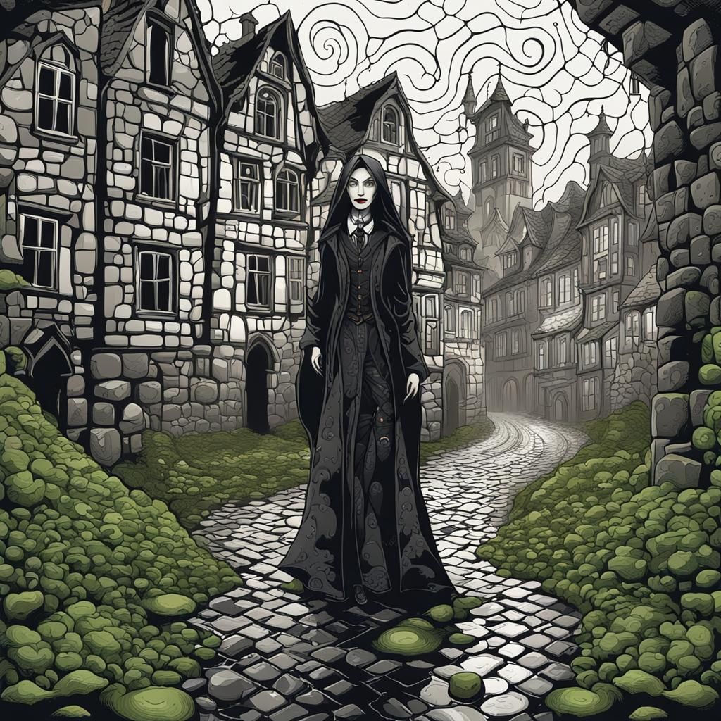 Gothic Vampire in Rain-Soaked Town, Digital Rendering