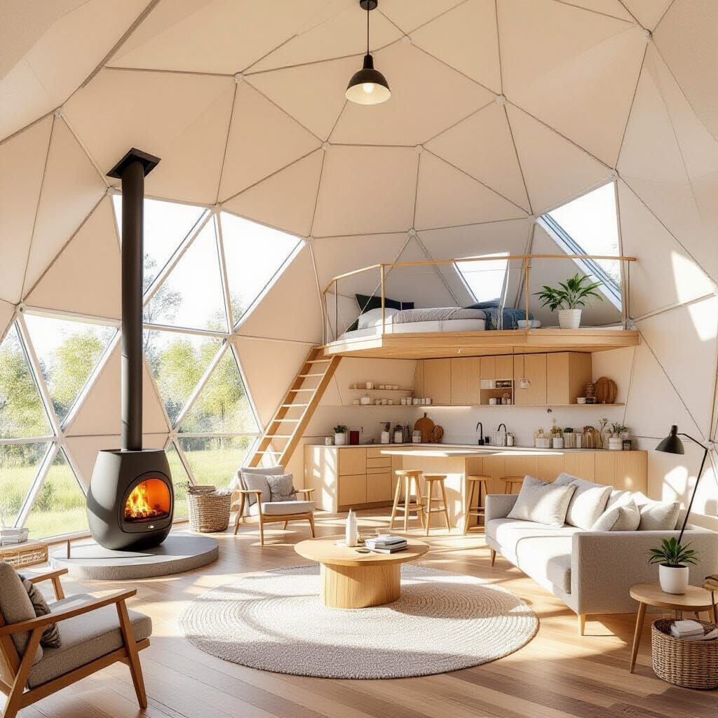 Minimalist Scandinavian Geodesic Dome Interior by Sunlight