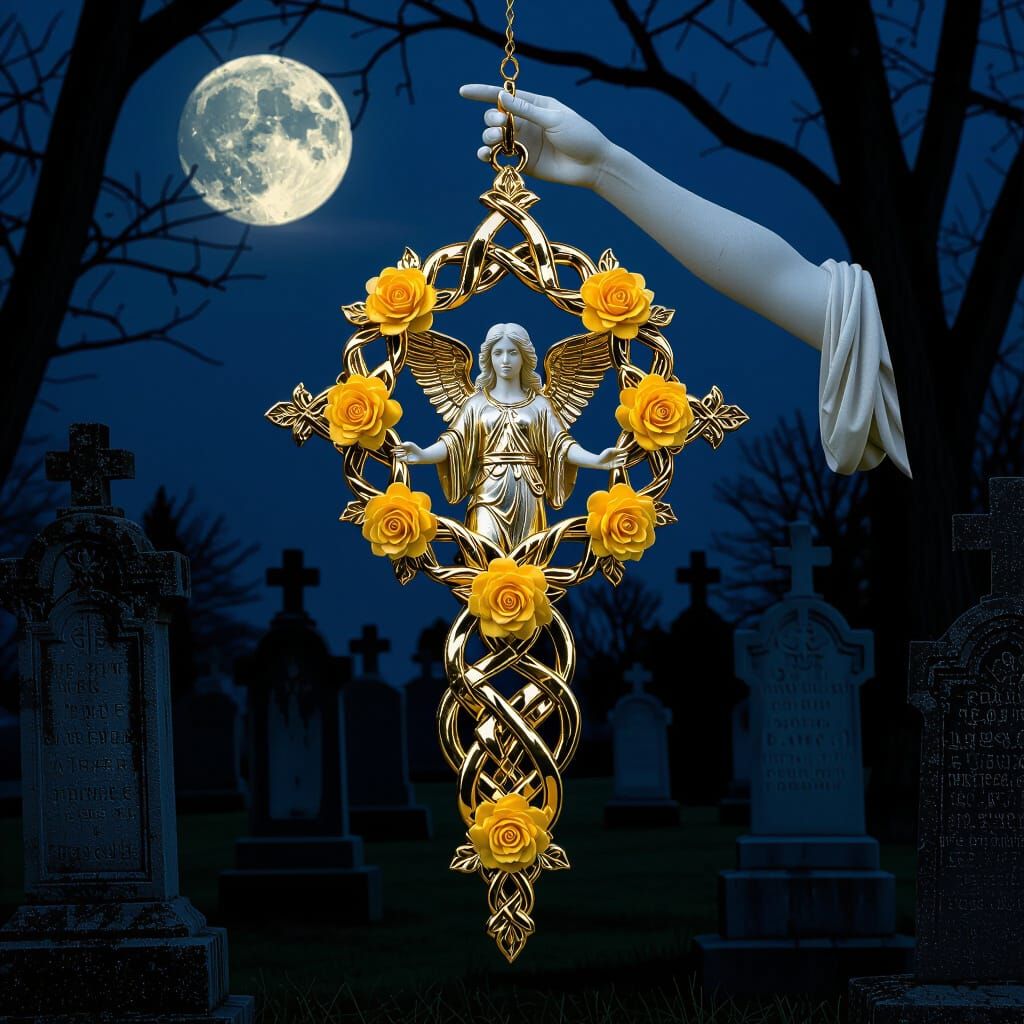 Golden Celtic Knot with Roses on Angel Statue in Ominous Cem...