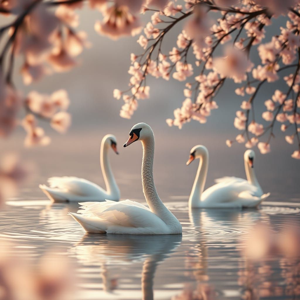 Serene Lake with Swans and Cherry Blossoms
