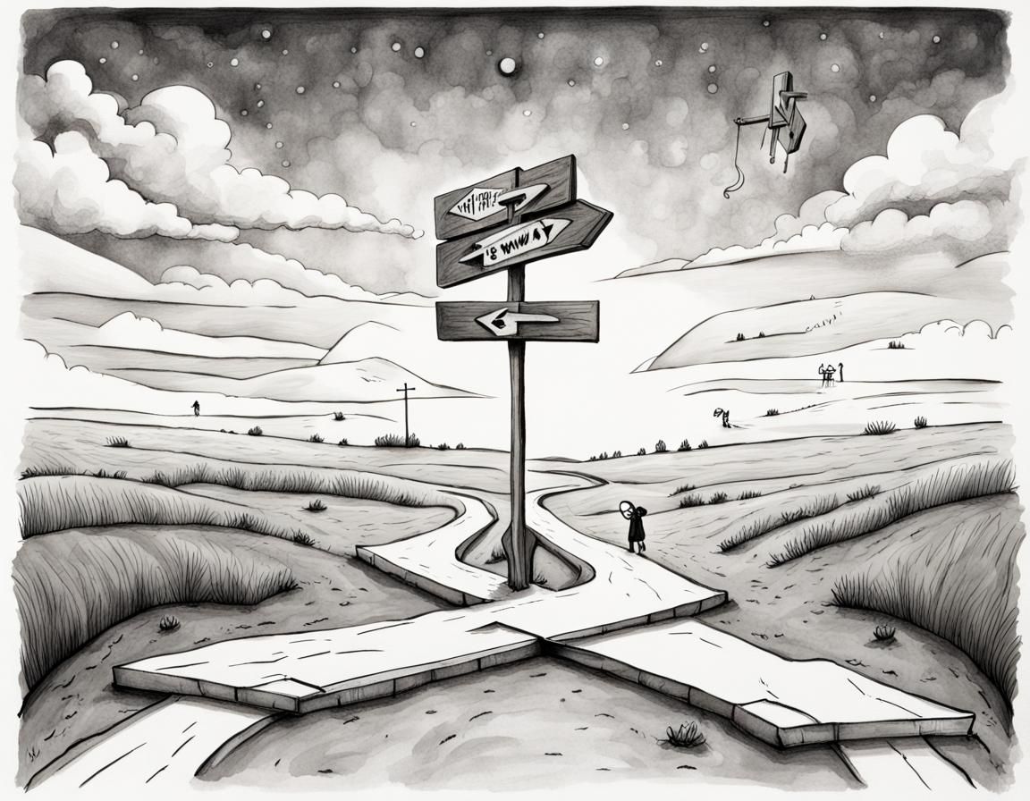 Surreal Crossroads: An Award-Winning Ink Illustration