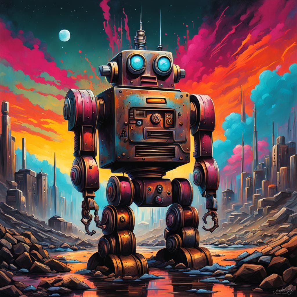 Dieselpunk Robot in Apocalyptic Graffiti Art