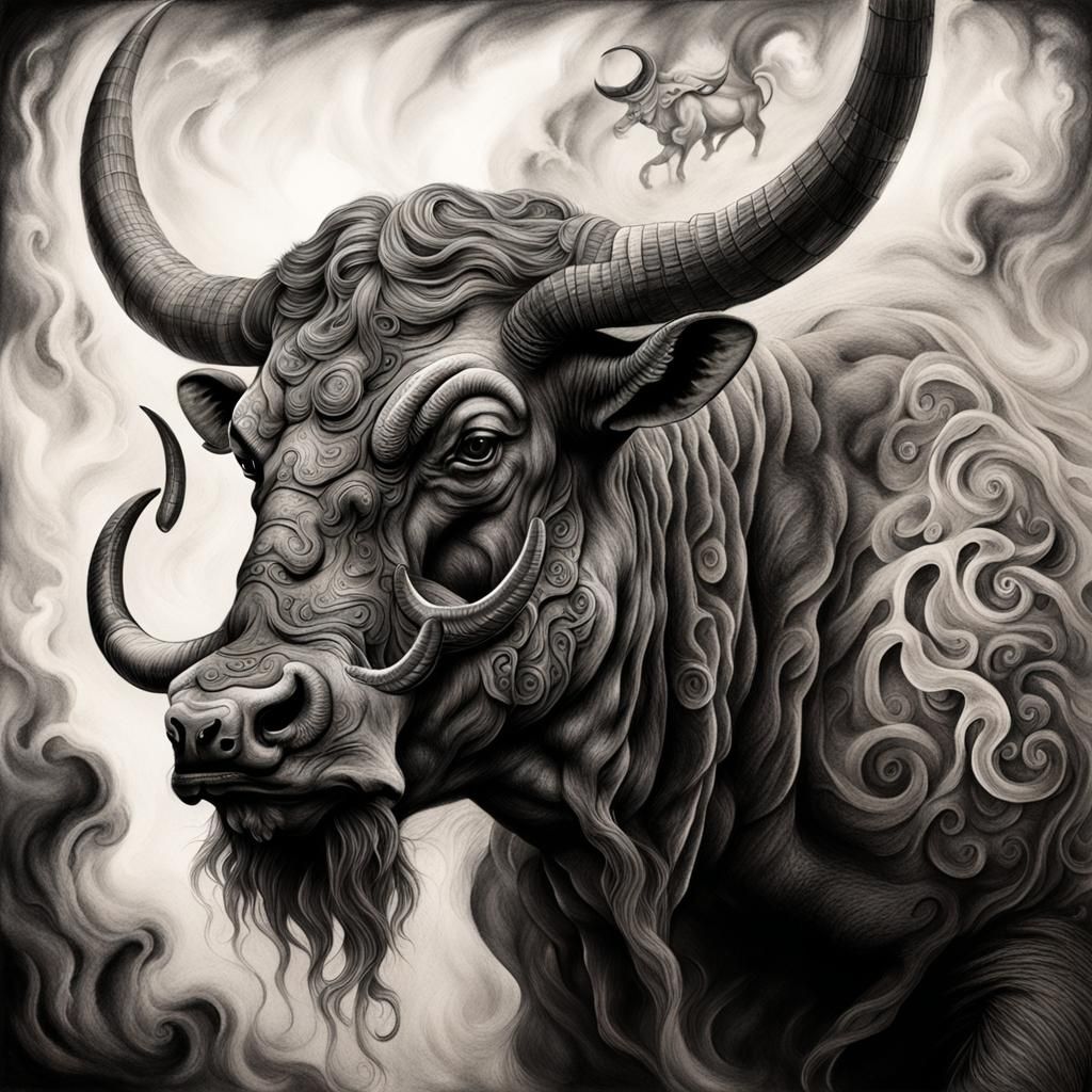 Tattooed Minotaur Rides Longhorn: Charcoal Art