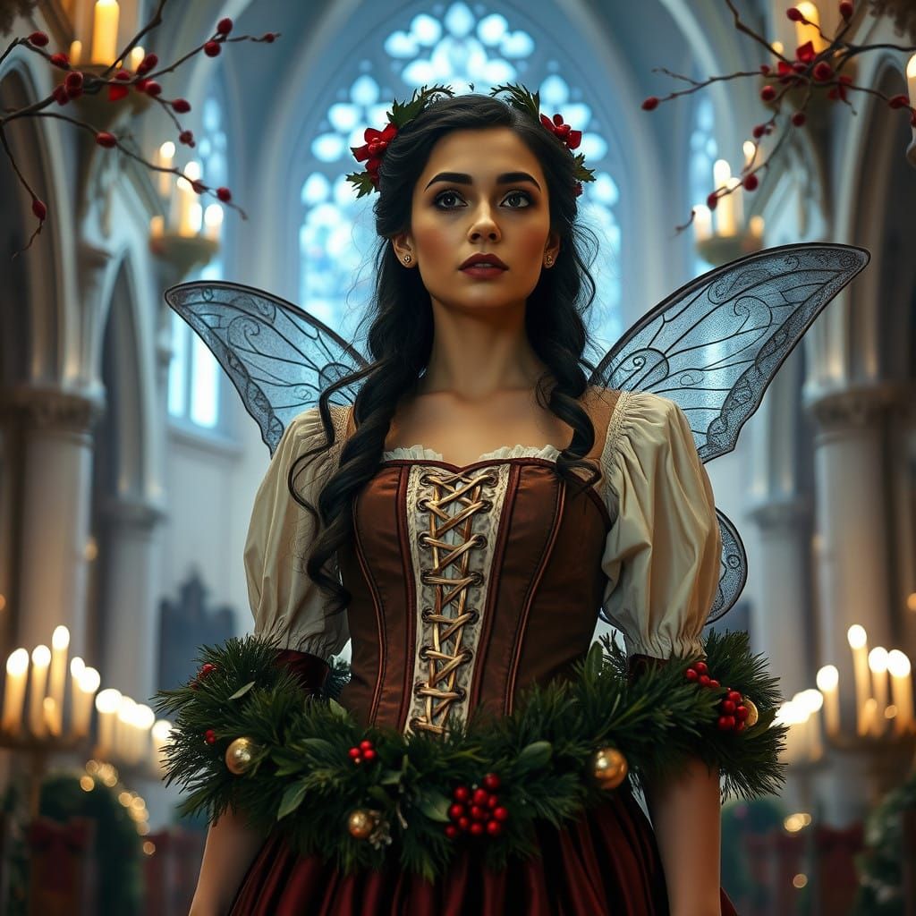 Gothic Christmas Fairy in Ornate Church with Candles