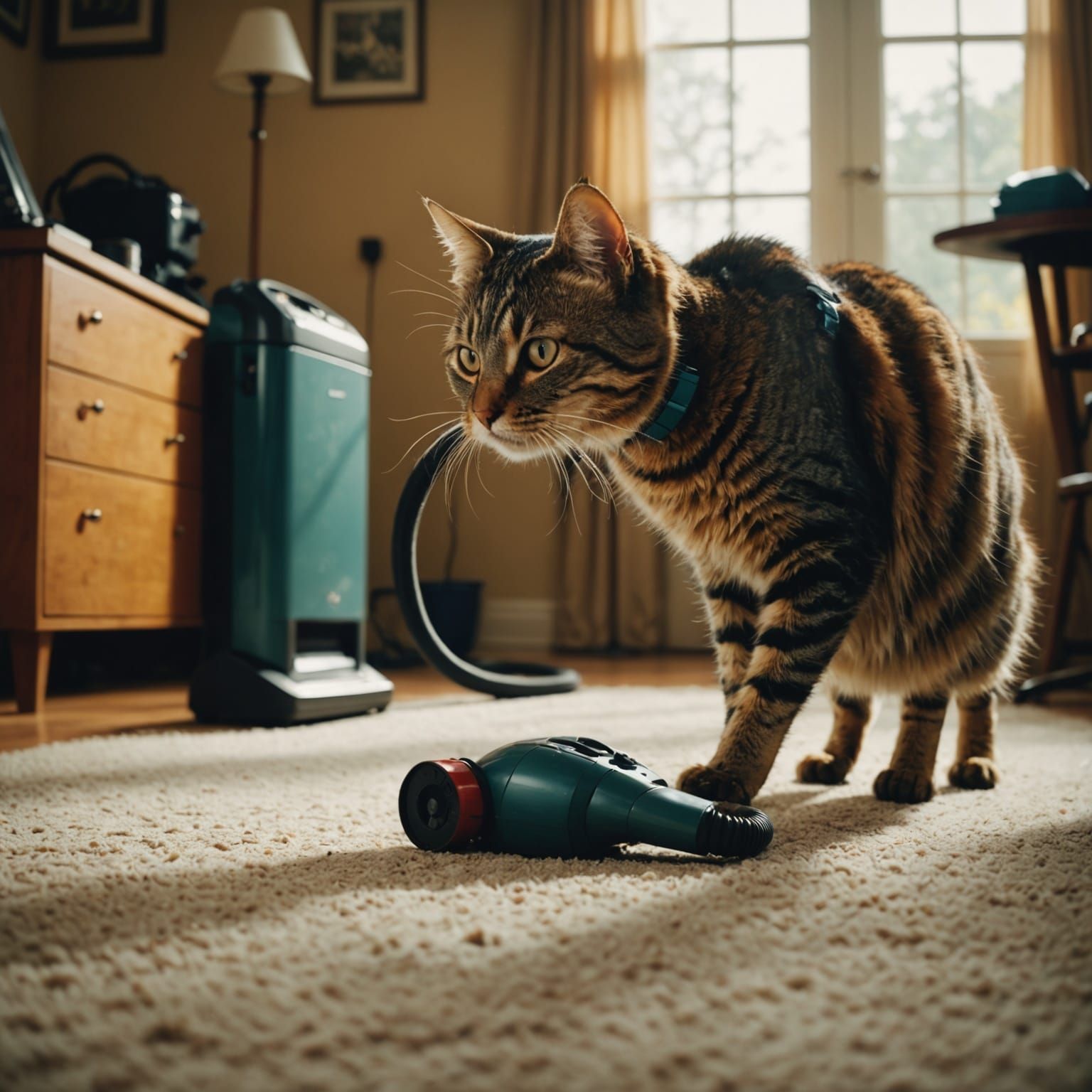 Cat Battling Vacuum Cleaner in Cinematic Film Still