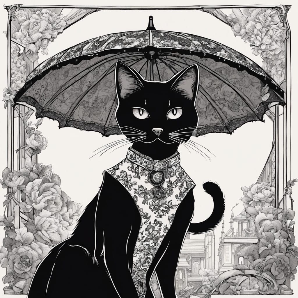 Elegant Black Cat in Victorian Dress with Parasol
