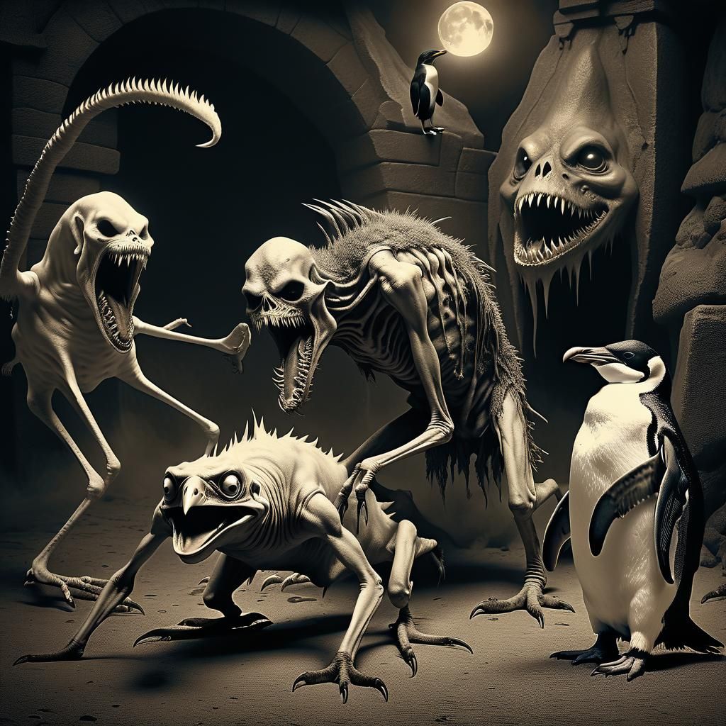 Grotesque Daemon and Penguin in Nightmarish Sepia