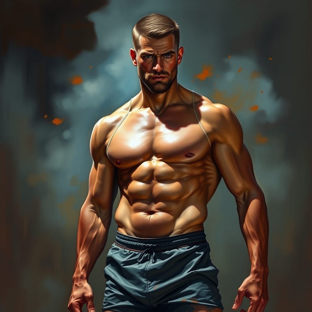 Muscular Man in Dramatic Lighting, Painterly Style