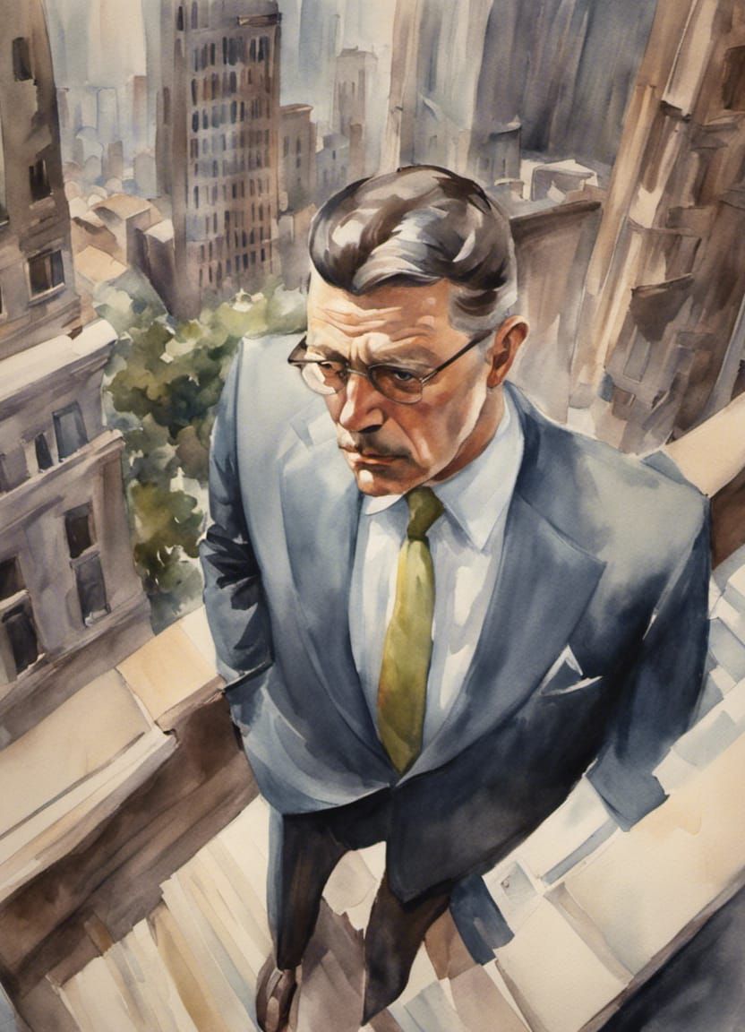 Contemplative Banker in Muted Watercolor Style