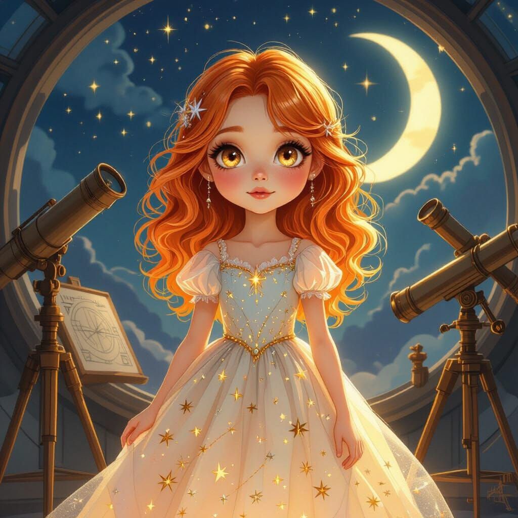 Girl with Sunset Hair in Whimsical Observatory