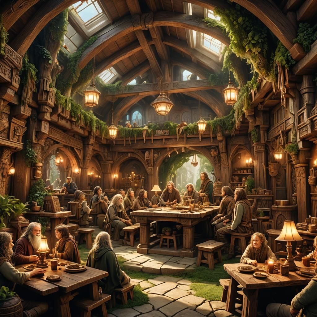 Cozy Hobbit Temple Interior in Vibrant Fantasy Art