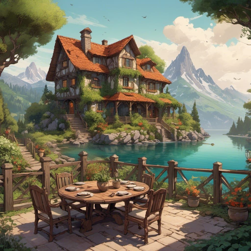 Scenic House Drawing with Forest, Sea, Mountain Views