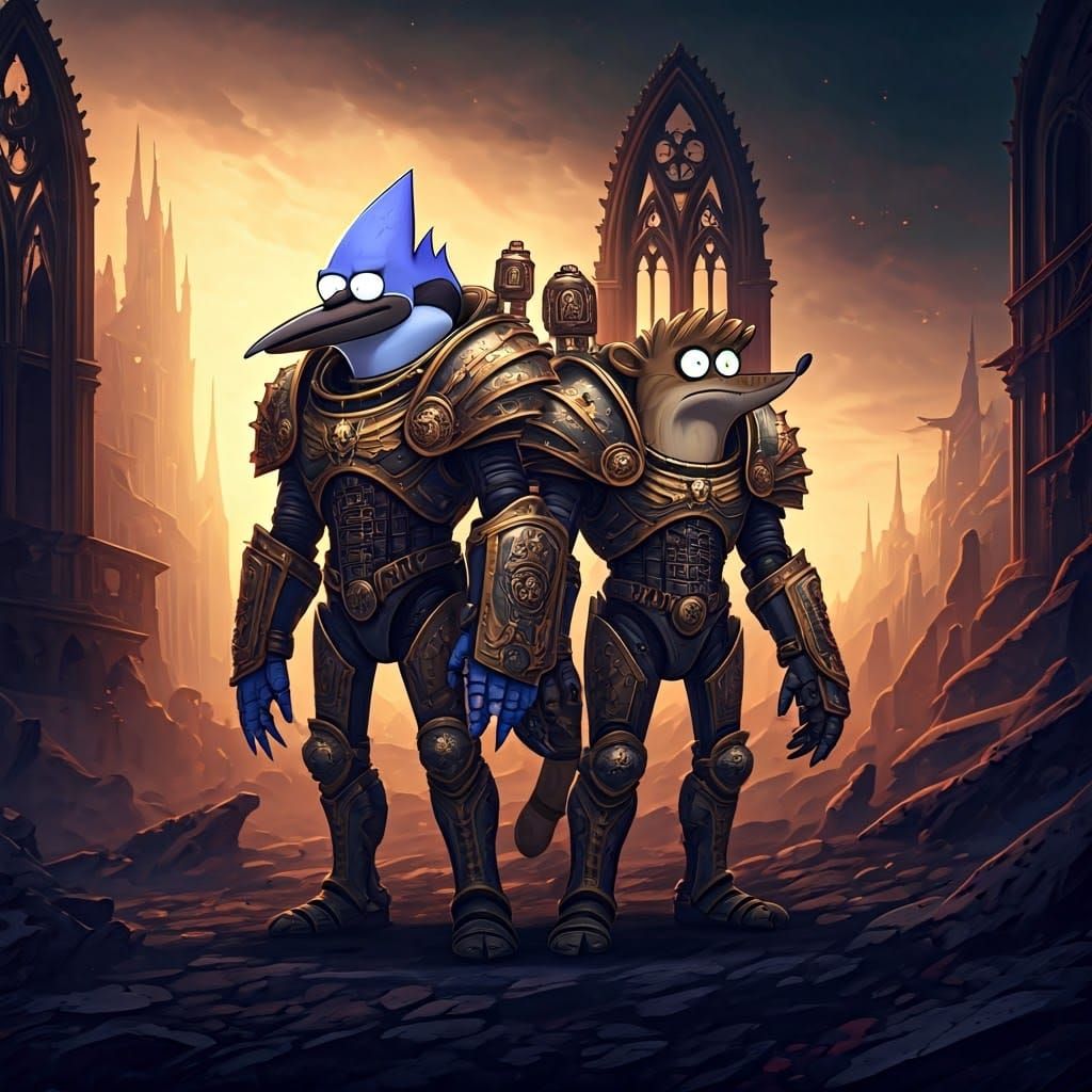 Mordecai and Rigby in Ornate Power Armor
