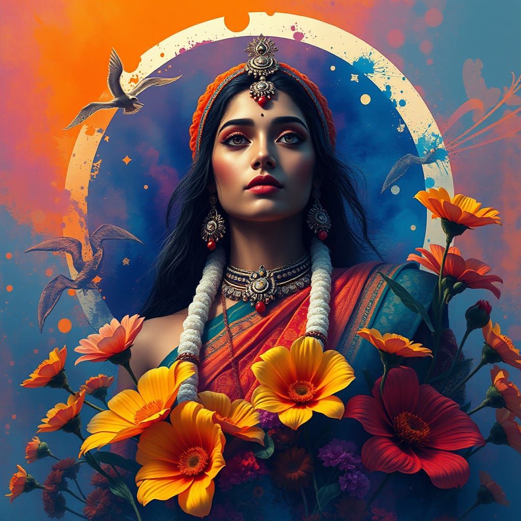 A Indian woman serene and  surrounded by  colour full flower...