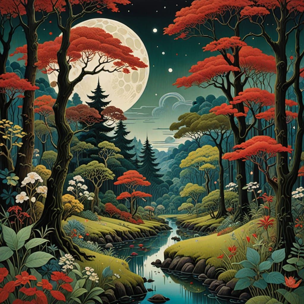 Moonlit Forest Whimsy in Folk Art Style