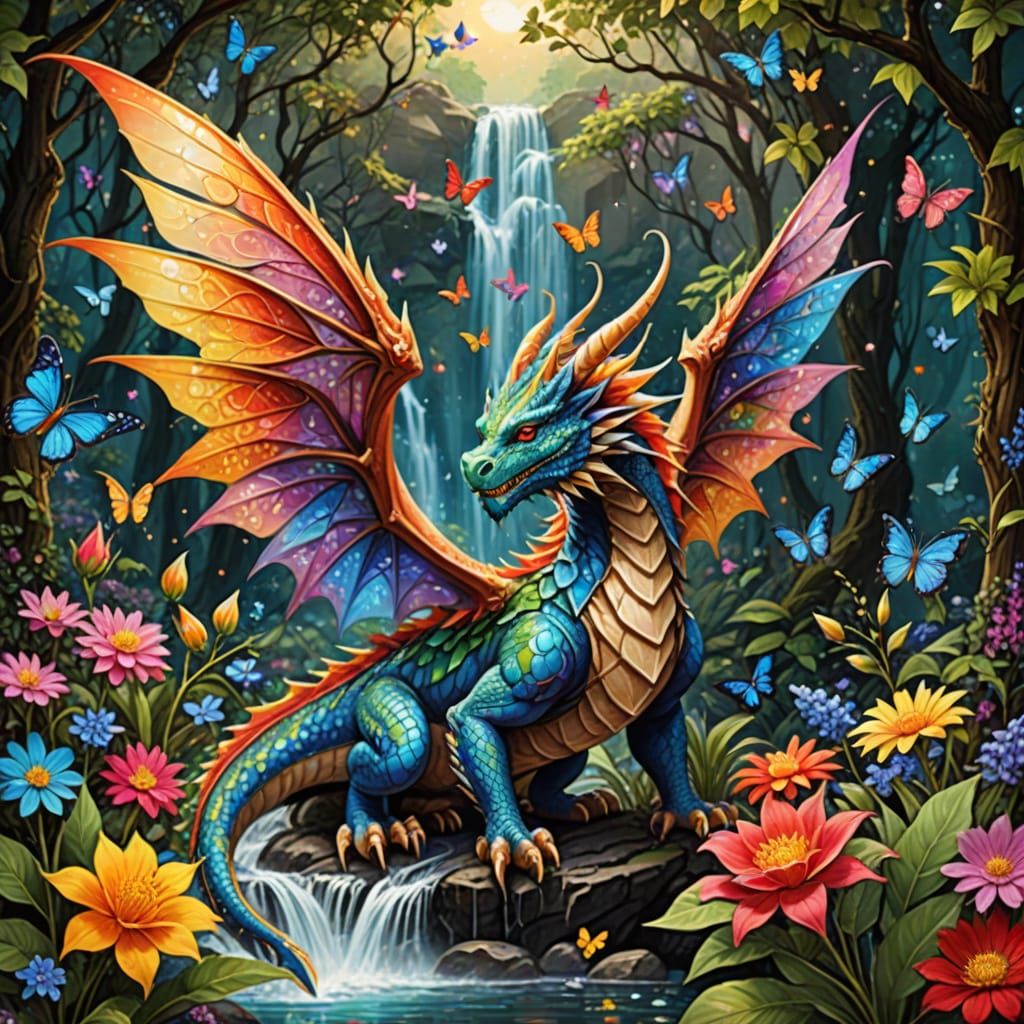 Fantasy Dragon and Fairies in Colorful Forest